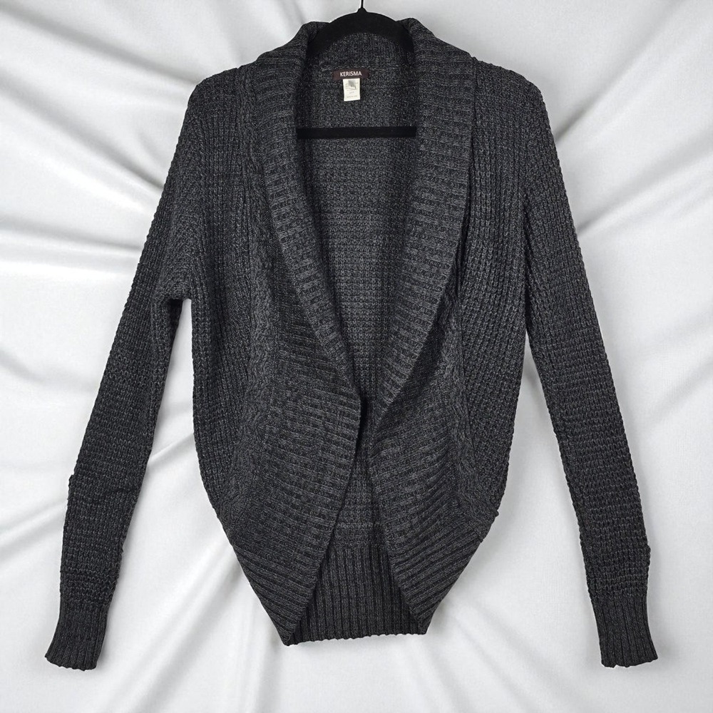Kerisma Woman Open Front Cardigan Sweater Large Gray Cable Knit Cashmere Blend‎